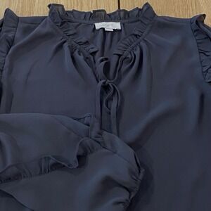 Loft By Ann Taylor Sheer Gray Ruffle Balloon Sleeve Blouse XS Sheer